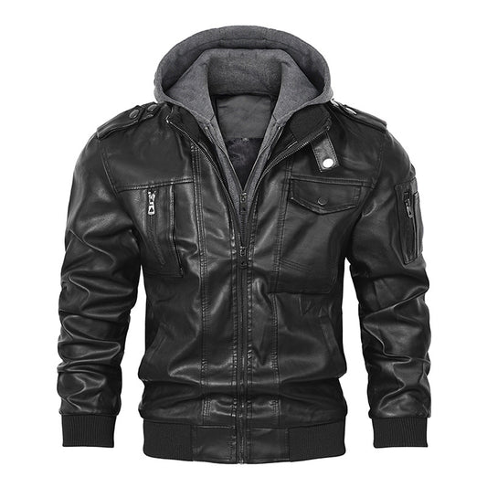 Men's PU Jacket Coat Fashion Warm Biker Clothing Hooded Leather Coat Autumn and Winter Coat