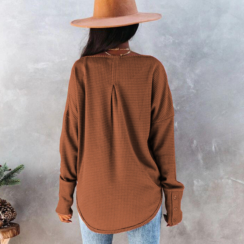 Women's Spring Summer Waffle Knit Crew Neck Patchwork Pullover Long Sleeve T-Shirt Casual Loose Top