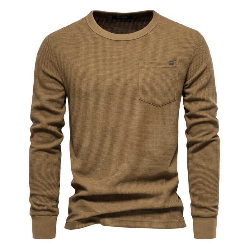 Men's Knitted Sweater Waffle Cotton Crew Neck Solid Color High Quality S-2XL