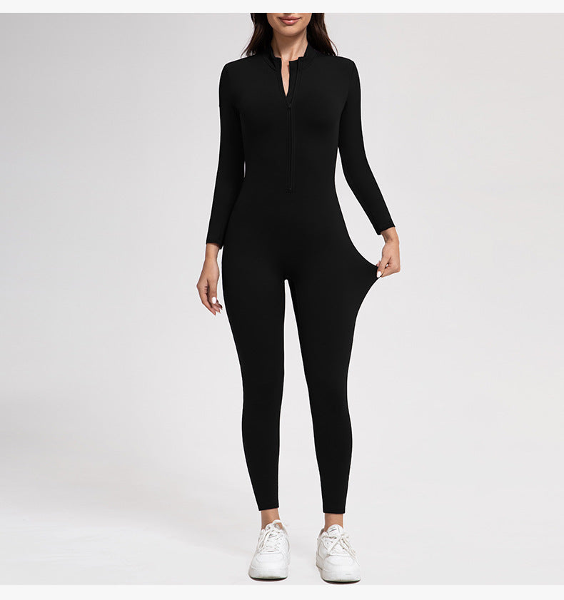 Yoga Pants Women Zipper Fleece-lined Yoga Jumpsuit High-Intensity Exercise Nude Feel Tights