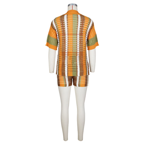 Women's Knitted Sweater Suit Sexy Lady Hollow out See-through Contrast Color Lapels