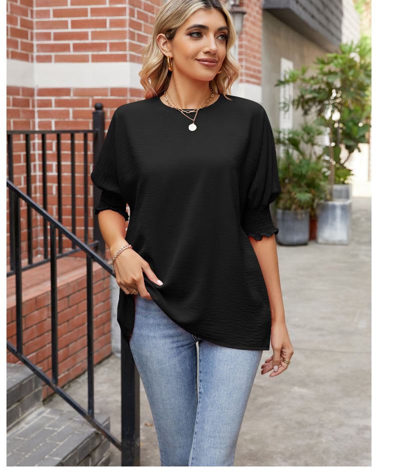 Women's Loose Plus Size Solid Color Pleated Crew Neck Top Summer New