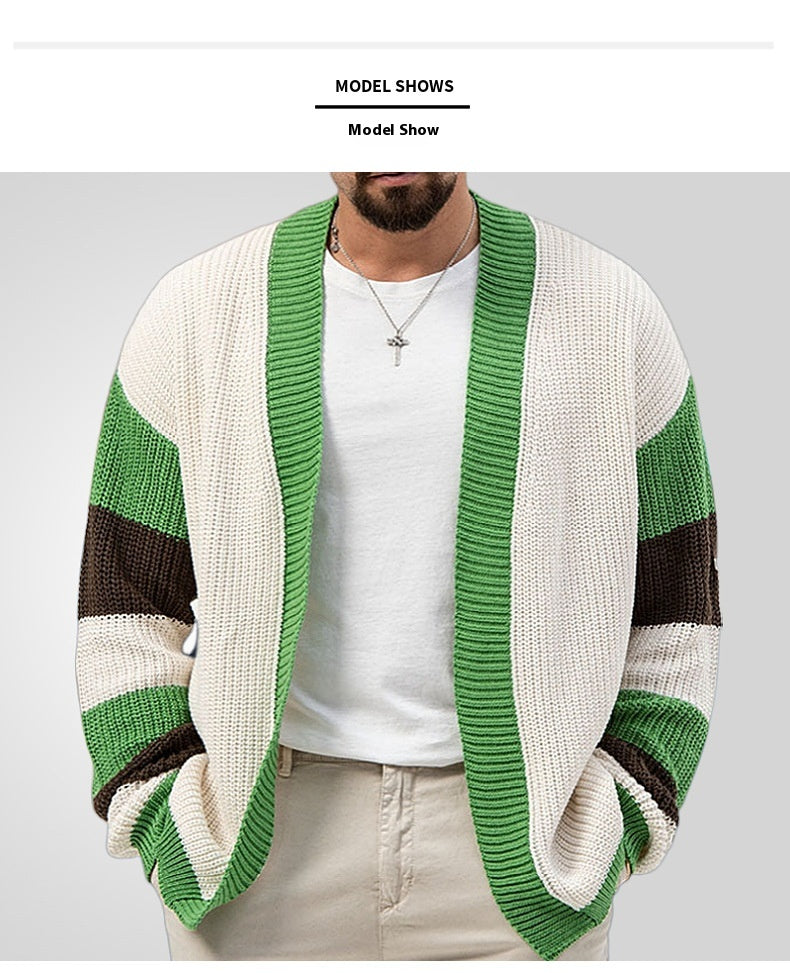 Men's Knitwear Green Edge V-neck Cardigan Loose Contrast Color Woolen Cardigan Coat Thickened Thick Needle Sweater