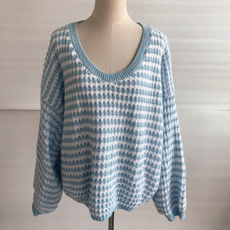 Waves Stripe Sexy Puff Sleeve Loose Knit Sweater Pullover for Women, Trendy and Cozy Casual Top