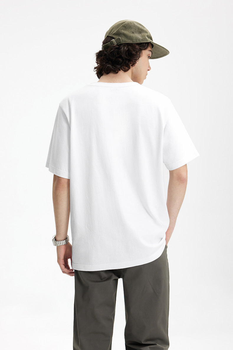 Men's T-shirt Heavy Hemp Cotton Henry Collar Spring and Summer 250G American Casual round Neck Bottoming Shirt