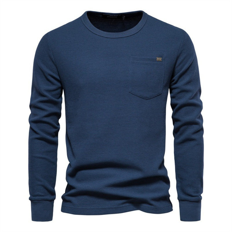 Men's Knitted Sweater Waffle Cotton Crew Neck Solid Color High Quality S-2XL