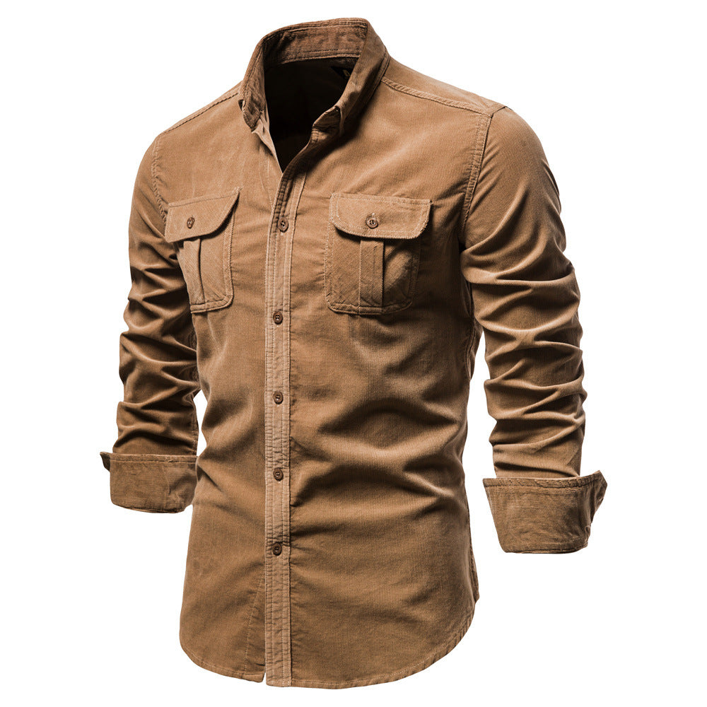 Men Long Sleeve Ribbed Corduroy Button Down Shirt Cotton Stretch Casual Fall Tops Slim Fit Shirts