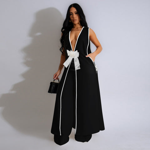 Women's Shirt Wide-Leg Pants Set Sexy Camellia Bow Sleeveless Long Tank Dress