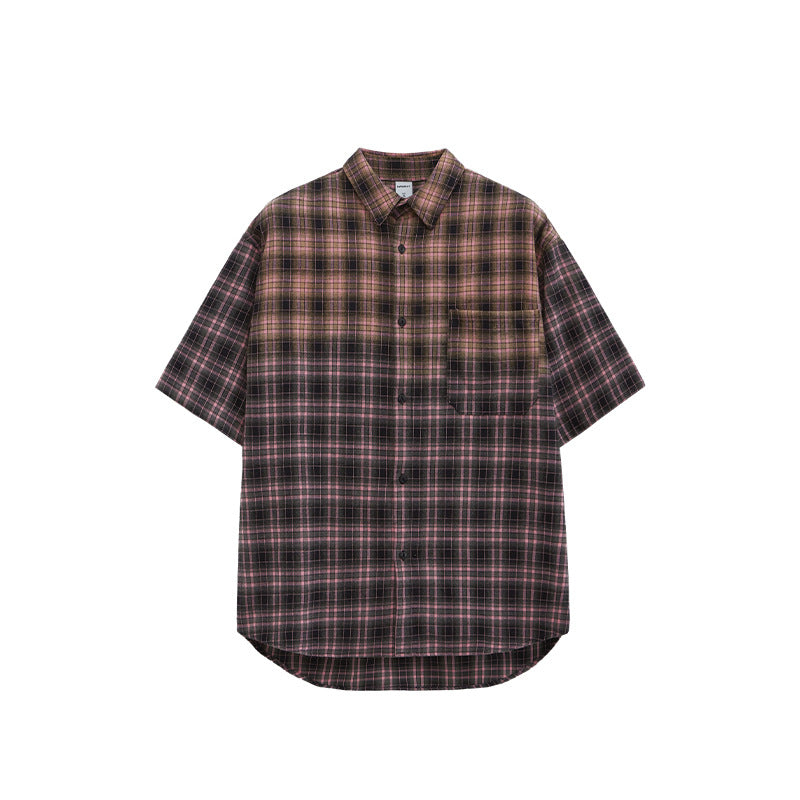 Men's Shirts Block Gradient Plaid Shirt Loose Couple Short Sleeve Checkered Shirt