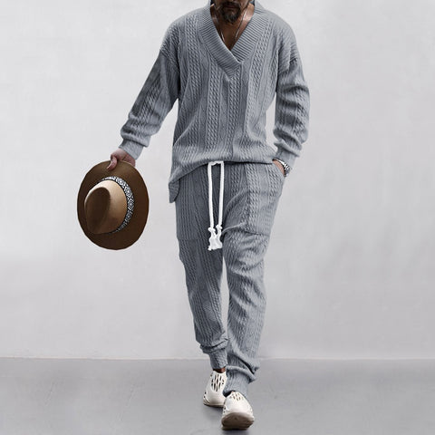 Men's Sweatshirt - New Casual Long Pants V-neck Versatile Jacquard Knit Sweater Autumn Set