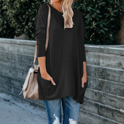 Women's Solid Color Knit Sweater: Round Neck, Long Sleeves, and Pockets
