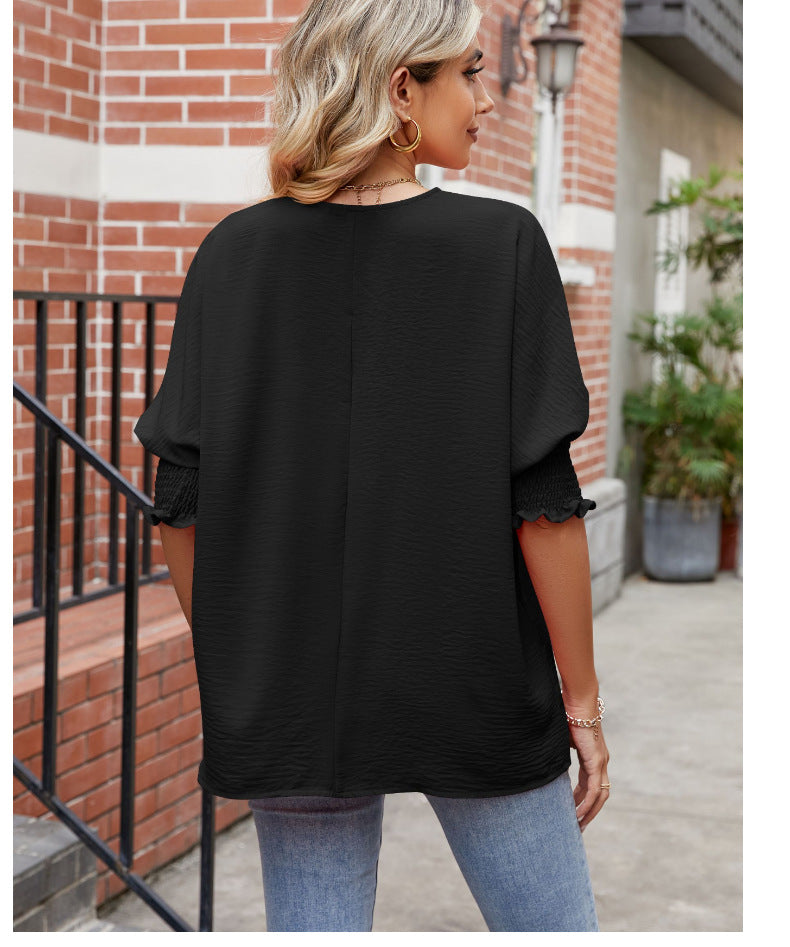 Women's Loose Plus Size Solid Color Pleated Crew Neck Top Summer New