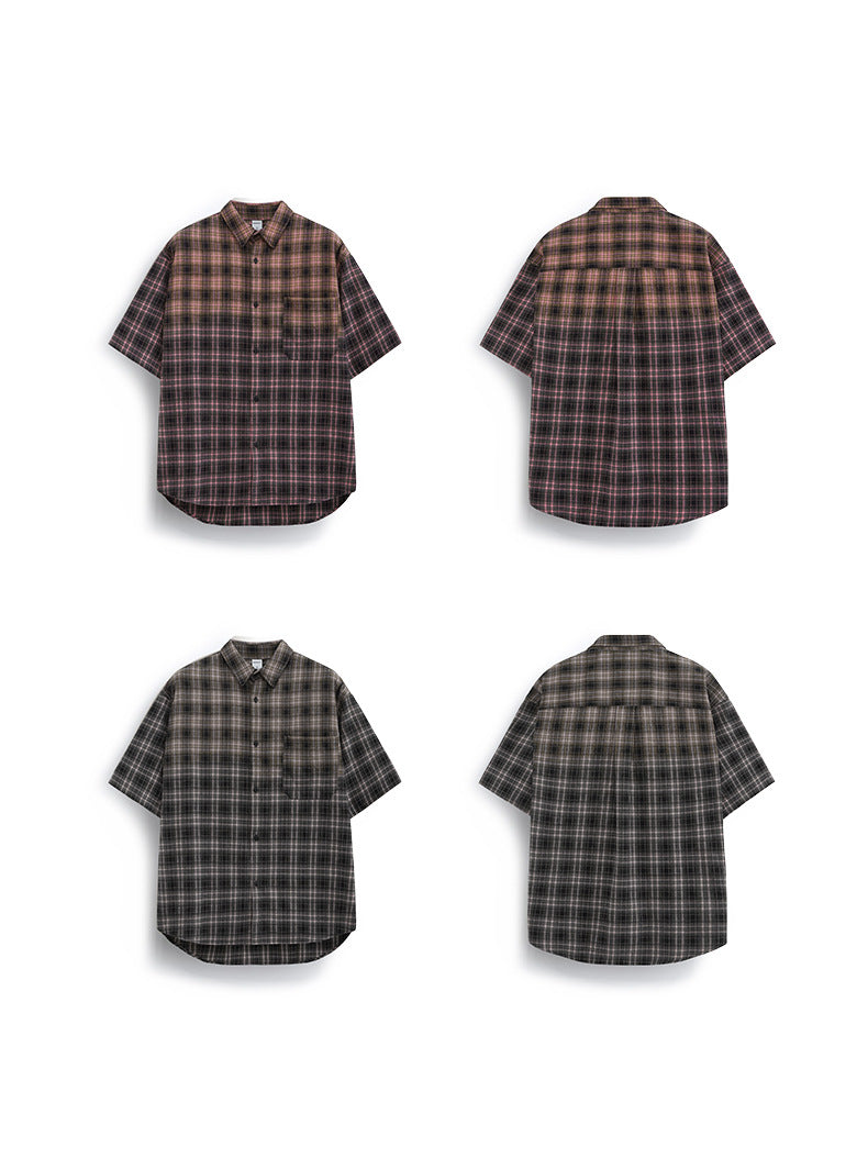 Men's Shirts Block Gradient Plaid Shirt Loose Couple Short Sleeve Checkered Shirt