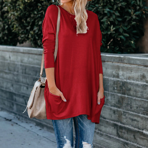 Women's Solid Color Knit Sweater: Round Neck, Long Sleeves, and Pockets