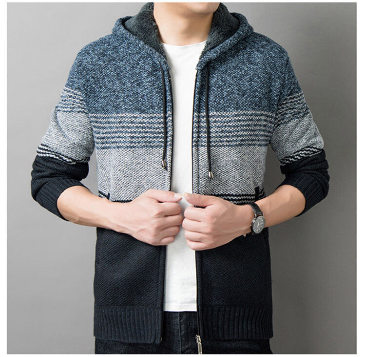 Men's knitted sweater with hood and zipper cardigan, stand-up collar, plaid, thick and warm, M-3XL