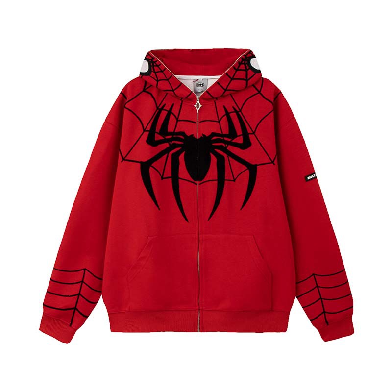 Men's cardigan hooded sweatshirt zipper retro original design sense Spider Man letter embroidery trendy brand M-XL