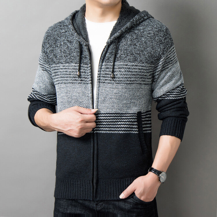 Men's knitted sweater with hood and zipper cardigan, stand-up collar, plaid, thick and warm, M-3XL