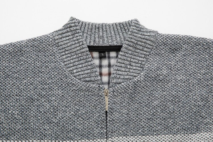 Men's knitted sweater zipper cardigan stand collar plaid thick warm M-3XL