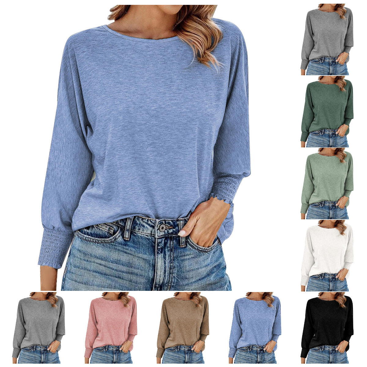 Plus size women's solid color crew neck loose long sleeve T-shirt casual basic top