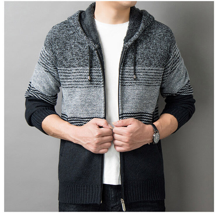 Men's knitted sweater with hood and zipper cardigan, stand-up collar, plaid, thick and warm, M-3XL