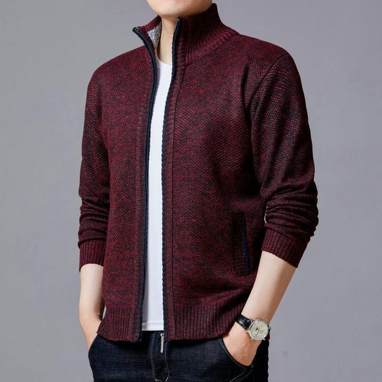 Men's knitted sweater zipper cardigan solid color stand collar plaid plus velvet warm M-3XL