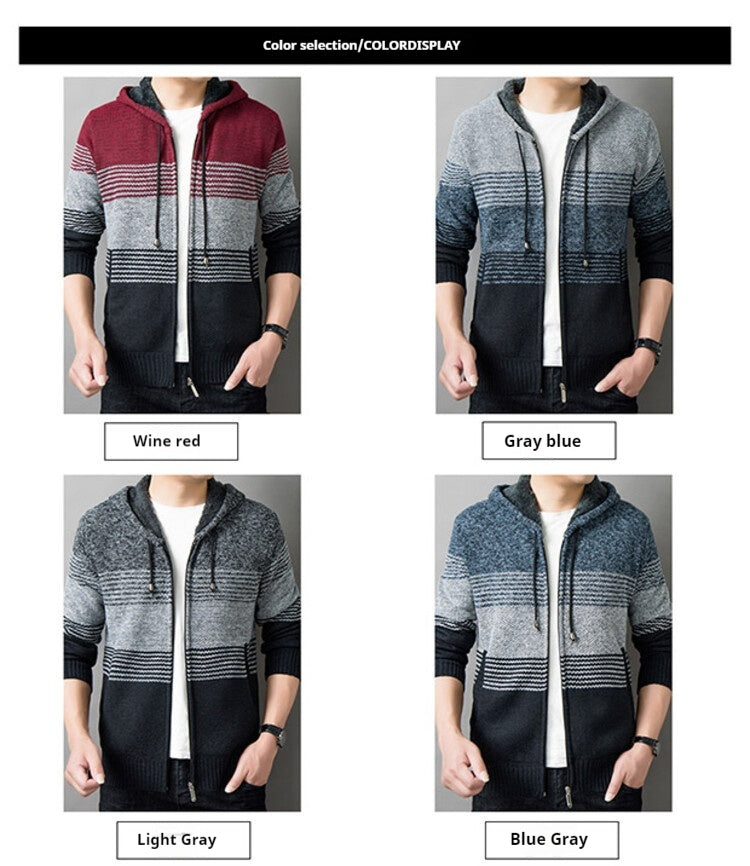 Men's knitted sweater with hood and zipper cardigan, stand-up collar, plaid, thick and warm, M-3XL