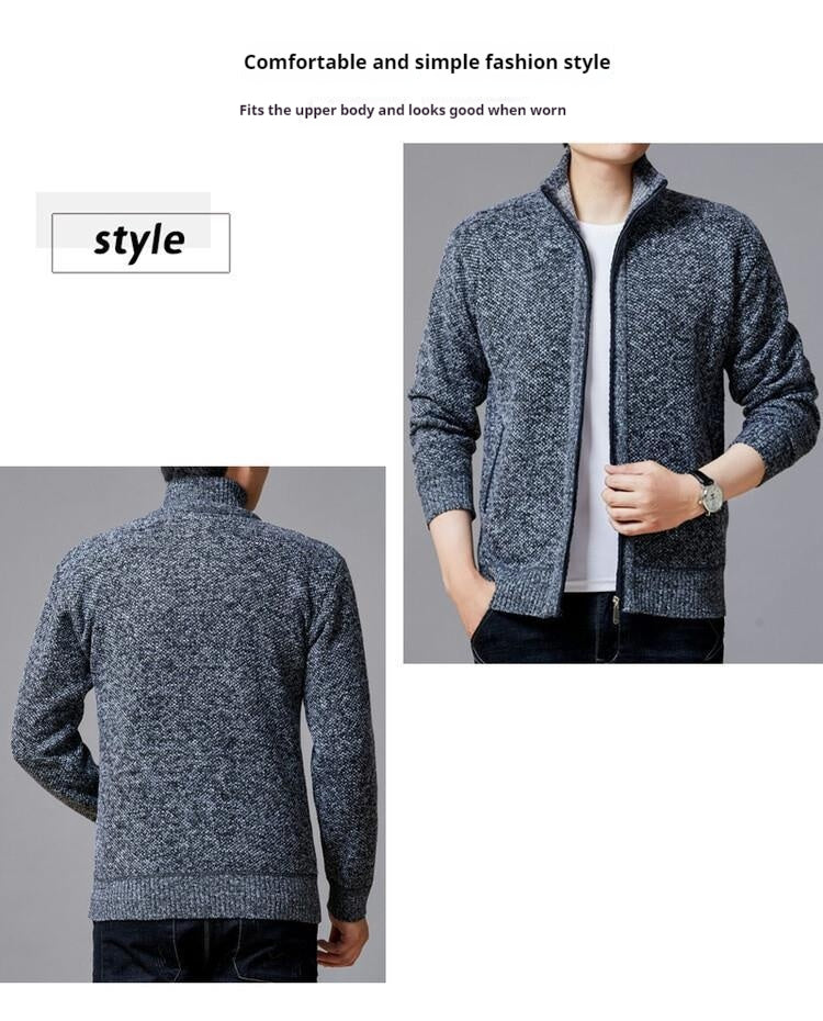 Men's knitted sweater zipper cardigan solid color stand collar plaid plus velvet warm M-3XL