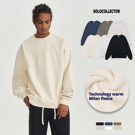 Men's Solid Color Crew Neck Sweatshirt Cotton 380G Heavyweight Terry Cotton Tide Loose Long Sleeve Jacket