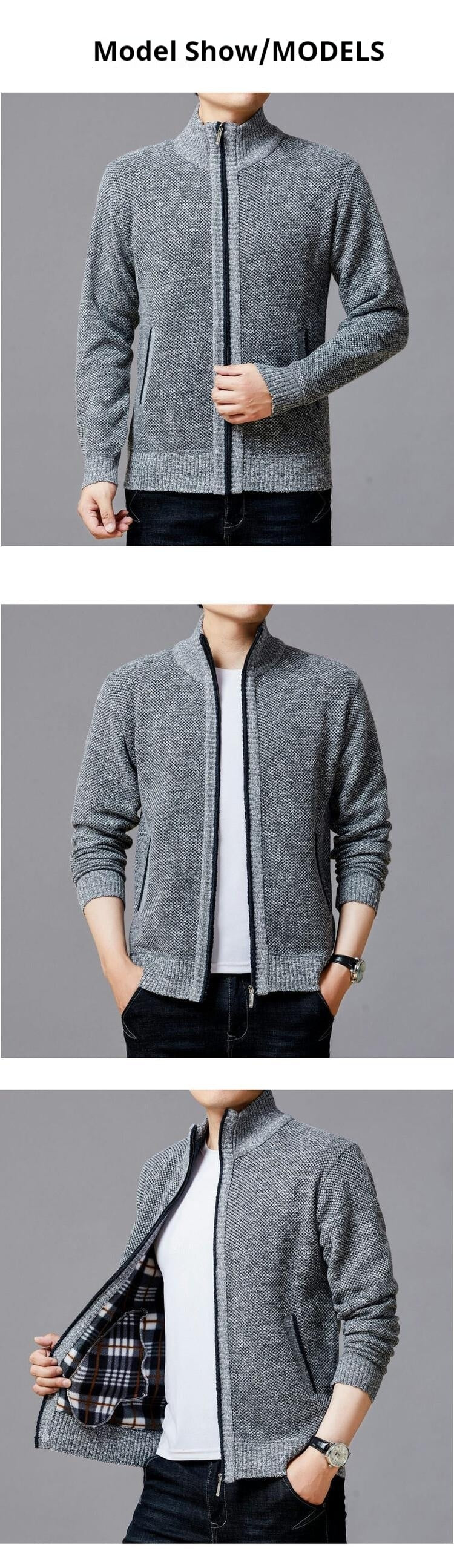 Men's knitted sweater zipper cardigan solid color stand collar plaid plus velvet warm M-3XL