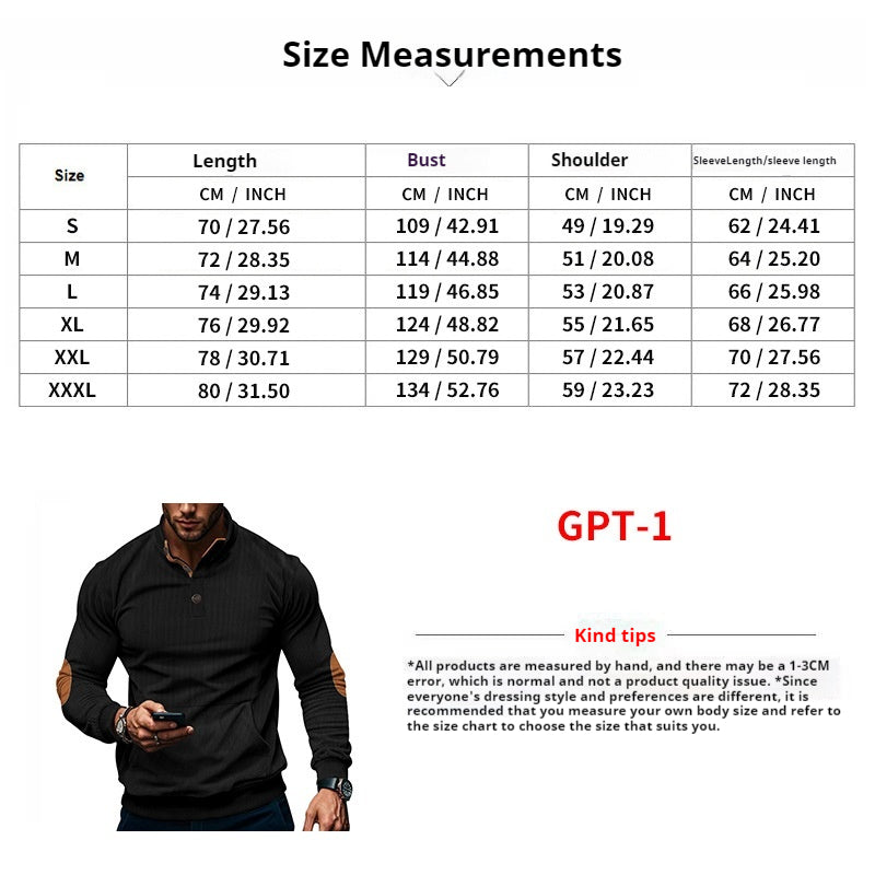 Corduroy Sweatshirts for Men Vintage Casual Long Sleeve Stand Collar Button Up Pullover Sweatshirts with Elbow Patches