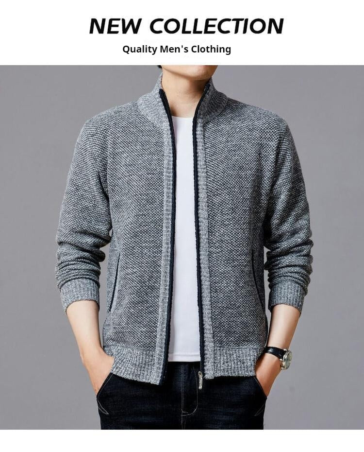 Men's knitted sweater zipper cardigan solid color stand collar plaid plus velvet warm M-3XL