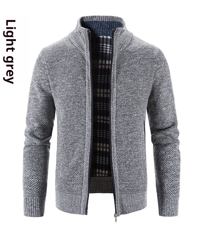 Men's knitted sweater half zip solid color stand collar plaid plus velvet warm M-3XL