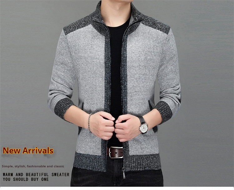 Men's knitted sweater zipper cardigan patchwork color warm M-3XL