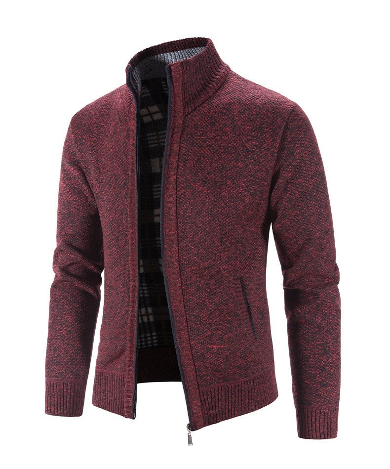 Men's knitted sweater half zip solid color stand collar plaid plus velvet warm M-3XL