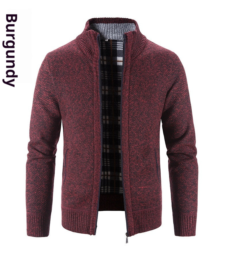 Men's knitted sweater half zip solid color stand collar plaid plus velvet warm M-3XL