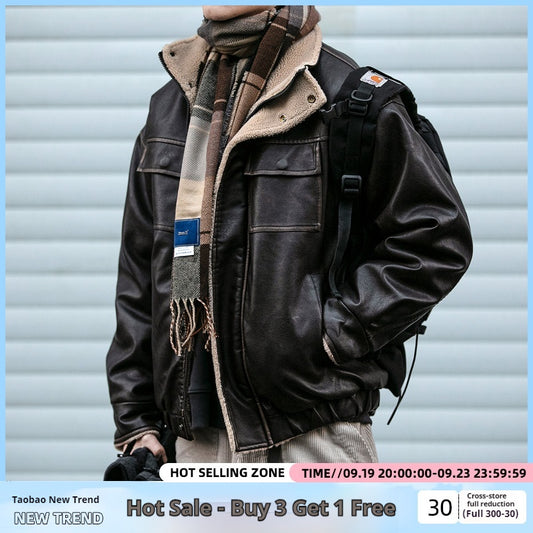 Men's jacket PU leather tide retro stand collar trendy brand Maillard brown thickened warm lamb's wool M-2XL