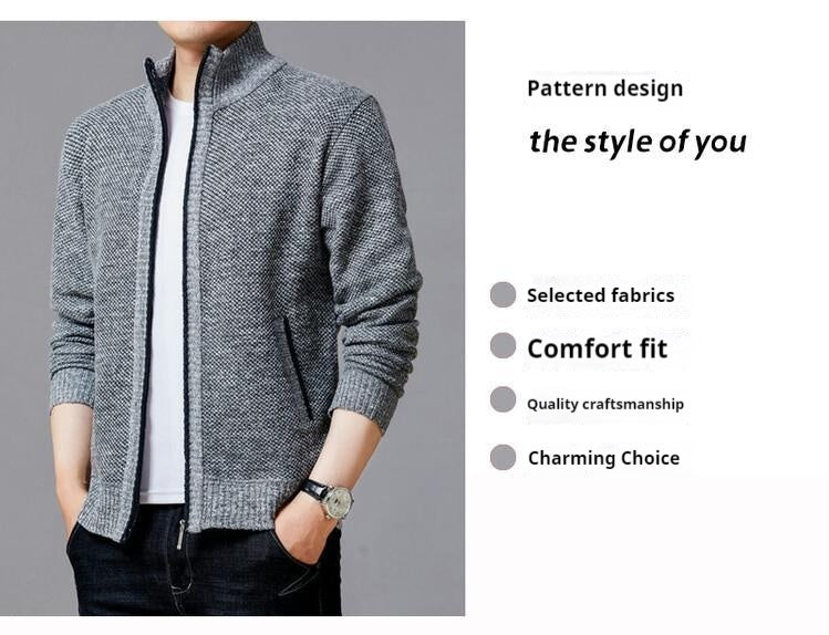 Men's knitted sweater zipper cardigan solid color stand collar plaid plus velvet warm M-3XL