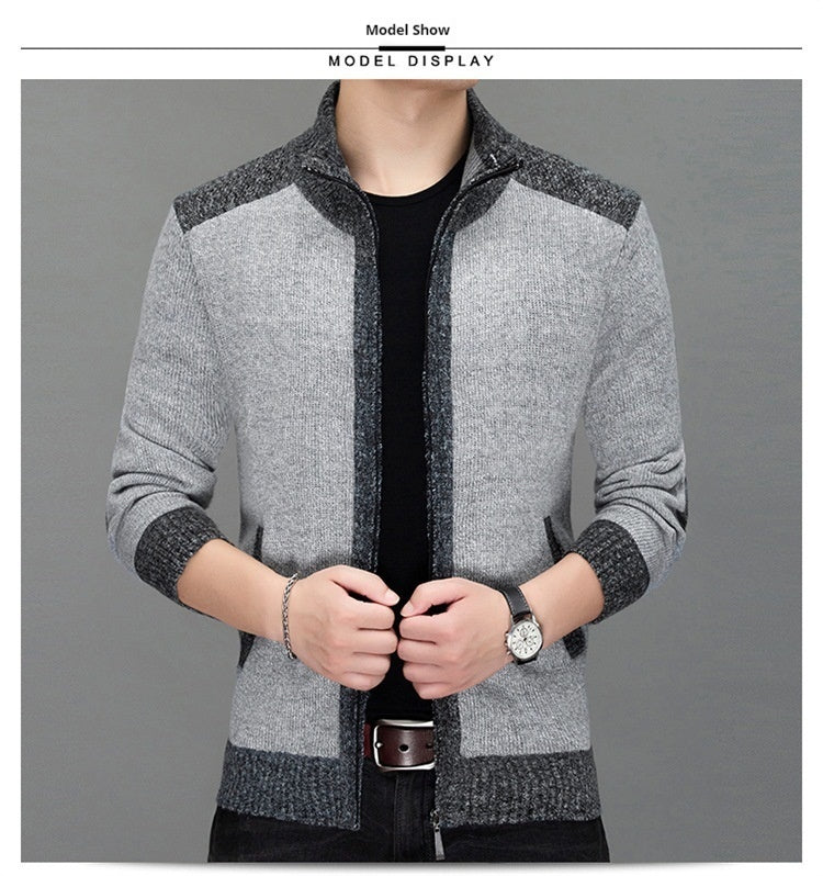 Men's knitted sweater zipper cardigan patchwork color warm M-3XL