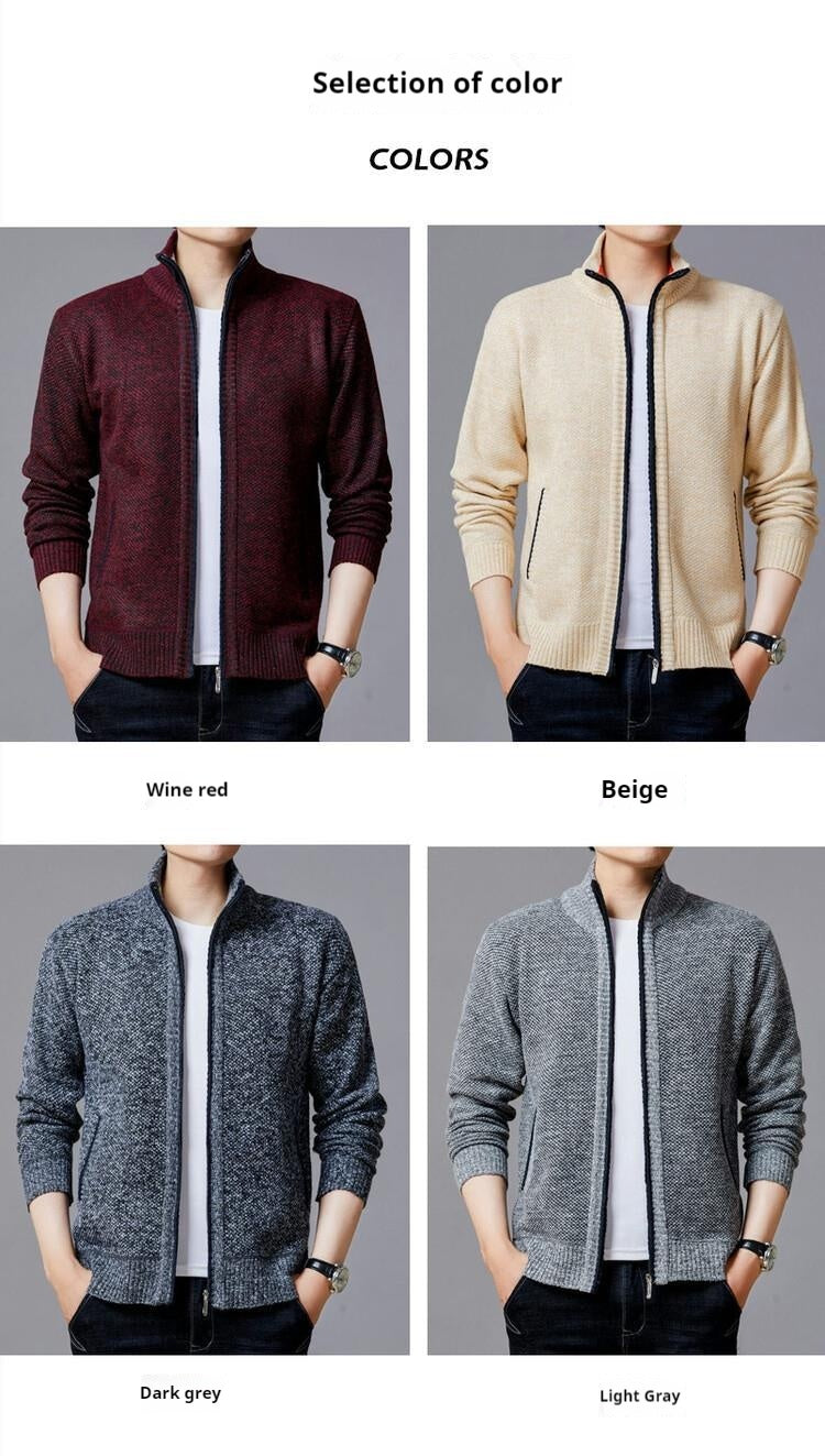 Men's knitted sweater zipper cardigan solid color stand collar plaid plus velvet warm M-3XL