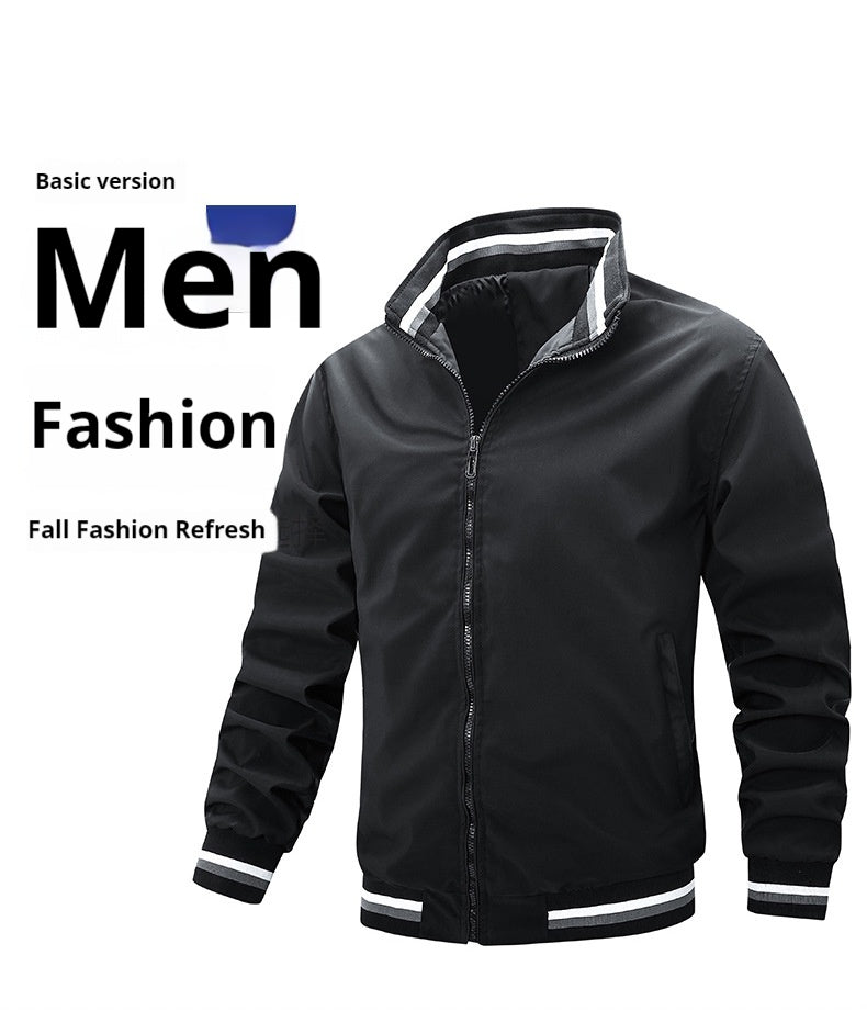 Men's Stand Collar Jacket Fall Solid Color Thin Casual Zipper Trendy Baseball Uniform M-4XL