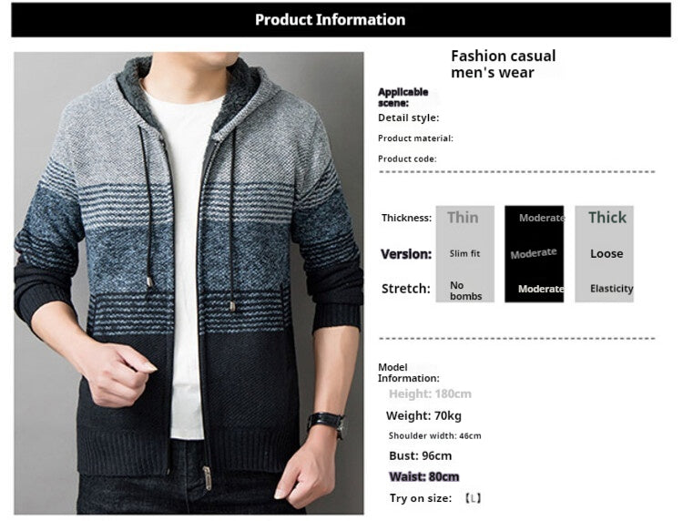 Men's knitted sweater with hood and zipper cardigan, stand-up collar, plaid, thick and warm, M-3XL