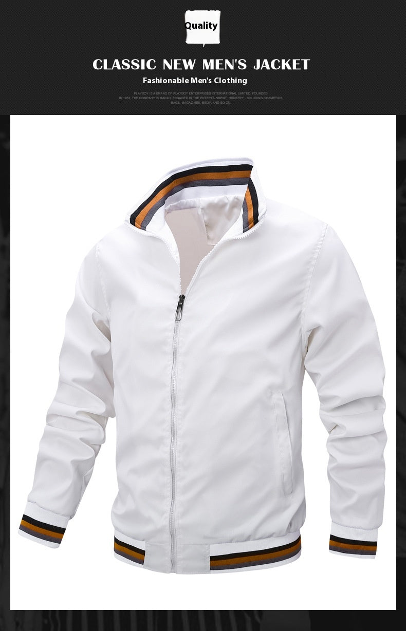 Men's Stand Collar Jacket Fall Solid Color Thin Casual Zipper Trendy Baseball Uniform M-4XL