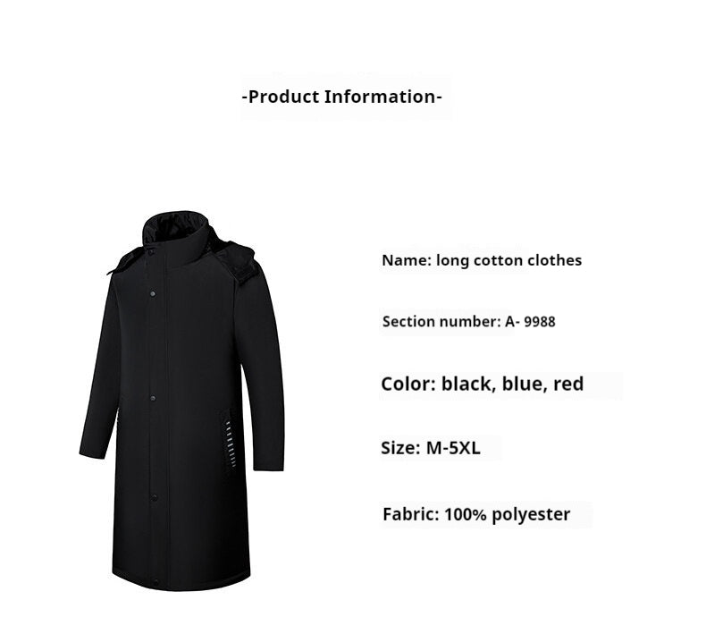 Men's Long Cotton Jacket Plus Size Down Jacket Men's Over-the-Knee Cotton Coat Thickened Warmth M-5XL