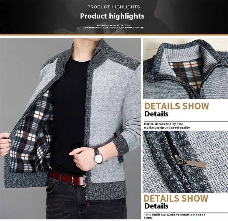 Men's knitted sweater zipper cardigan patchwork color warm M-3XL