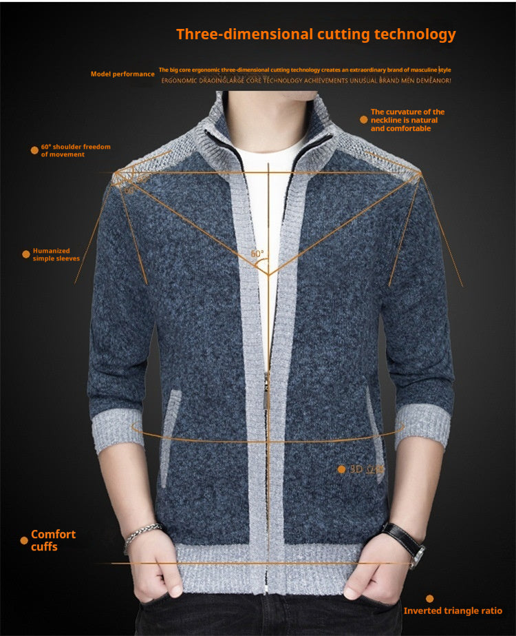 Men's knitted sweater zipper cardigan patchwork color warm M-3XL