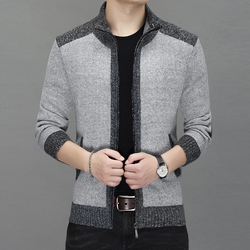 Men's knitted sweater zipper cardigan patchwork color warm M-3XL