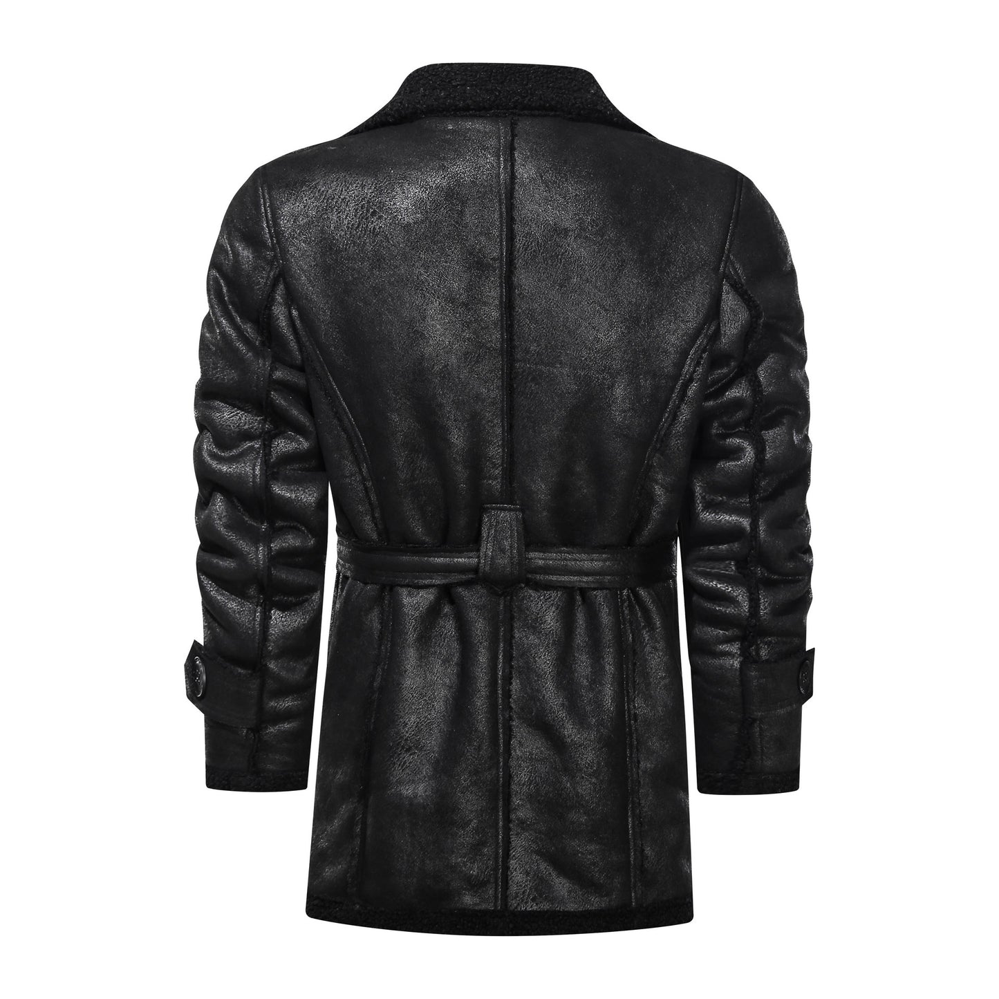 Men's PU Leather Coat Mid-Length Fur All-in-One Leather Jacket Lapel Belt Casual Imitation Leather Clothing Fashion