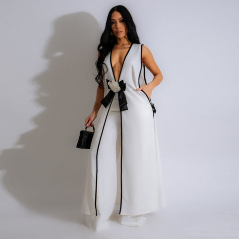 Women's Shirt Wide-Leg Pants Set Sexy Camellia Bow Sleeveless Long Tank Dress