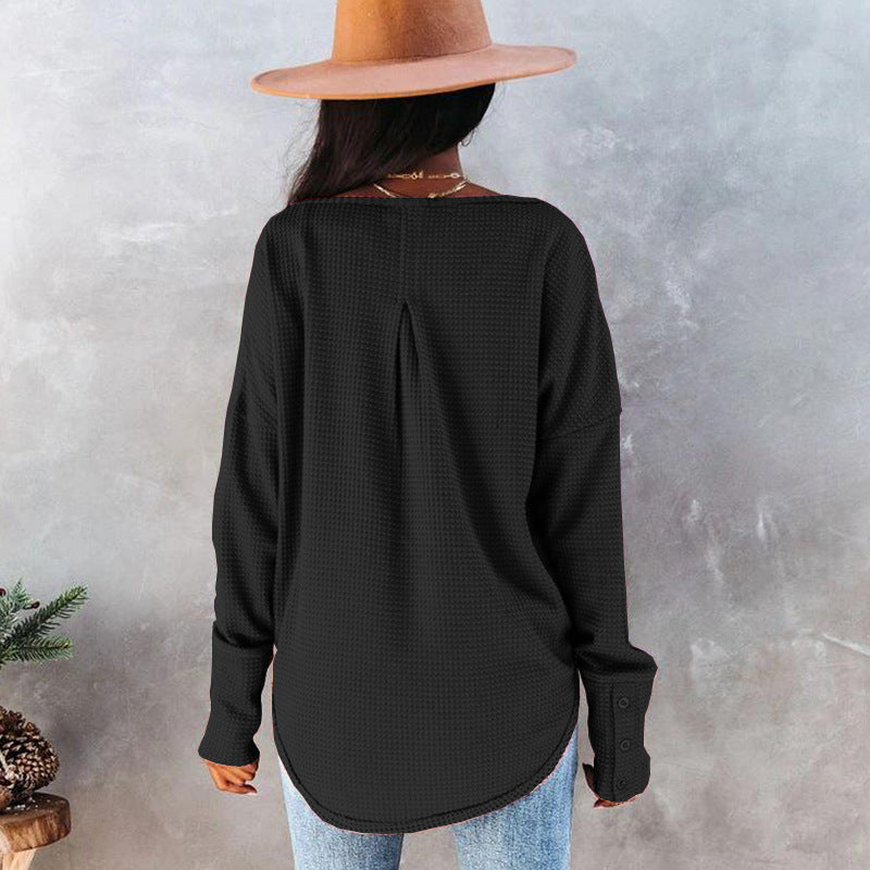 Women's Spring Summer Waffle Knit Crew Neck Patchwork Pullover Long Sleeve T-Shirt Casual Loose Top