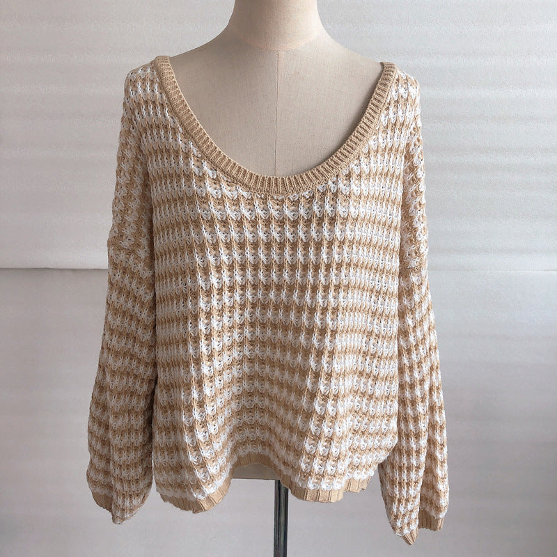 Waves Stripe Sexy Puff Sleeve Loose Knit Sweater Pullover for Women, Trendy and Cozy Casual Top